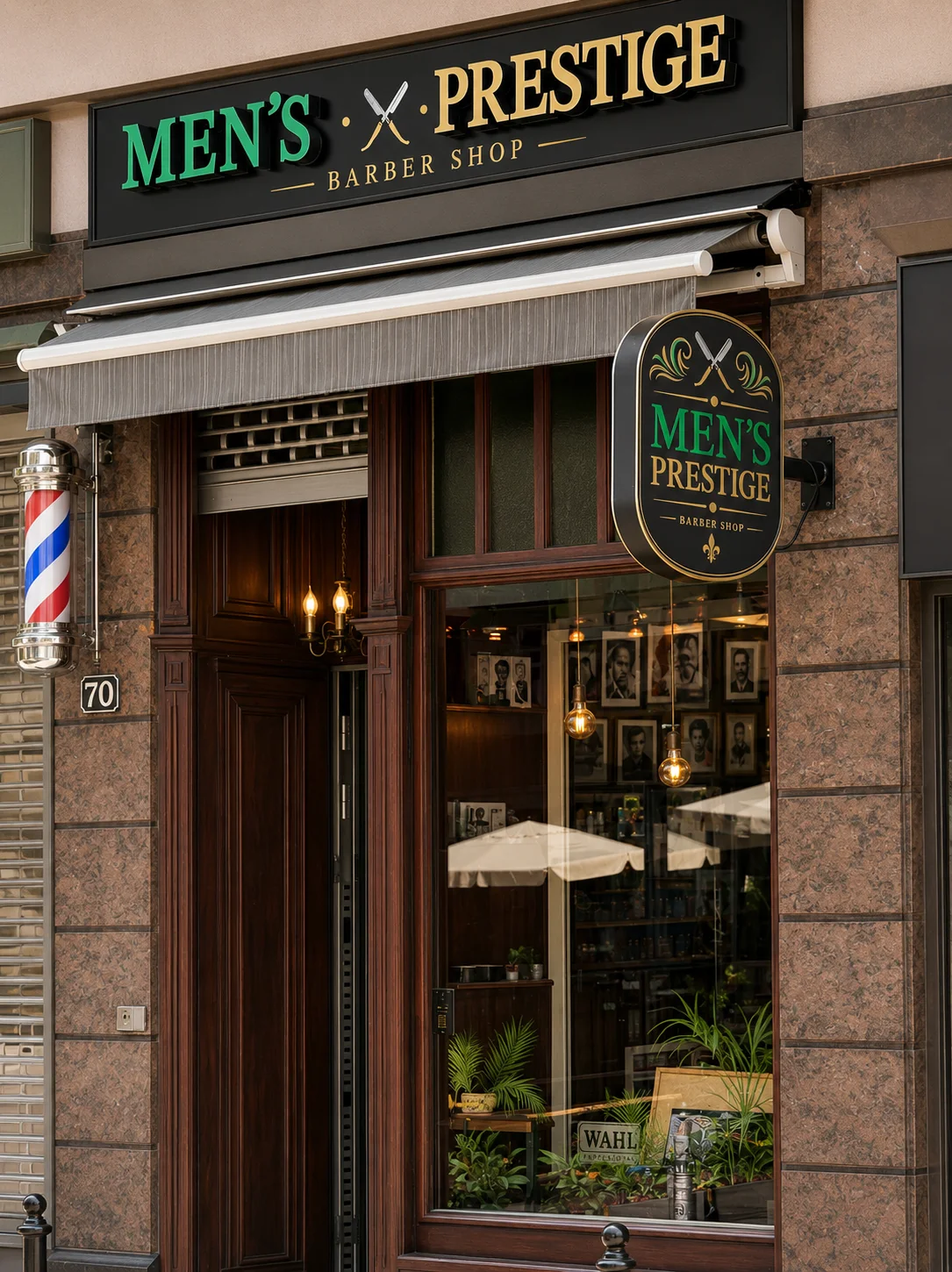 Innenraum von Men’s Prestige mit mehreren Barberstühlen